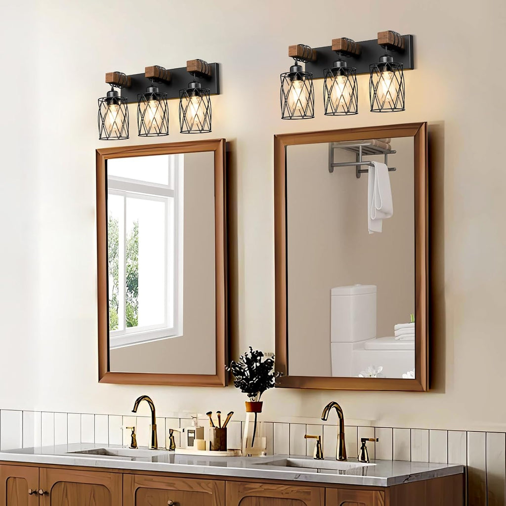 Farmhouse Bathroom Vanity Light, 3-Light Wood Bathroom Light Fixtures Over Mirror, Black Industrial Vanity Lights