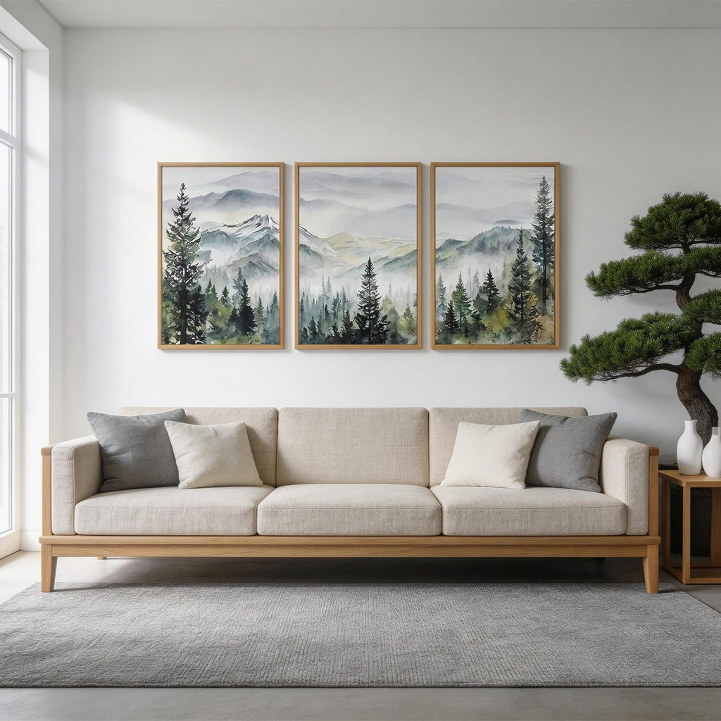 Misty Mountain Landscape Wall Art Green Pine Tree Wall Decor