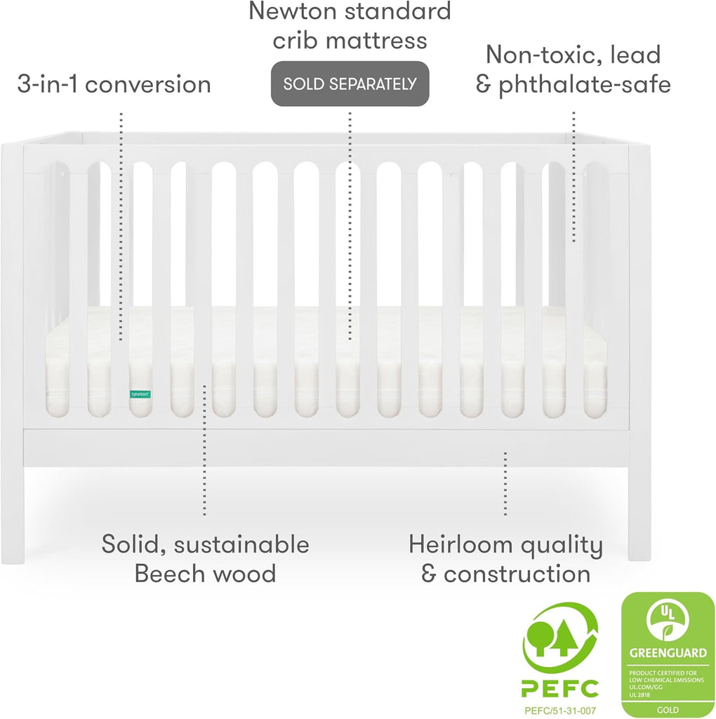 Galileo Standard Crib, Solid Beech Wood in White Color, 3-in-1 Convertible Crib with Toddler Bed Conversion Kit