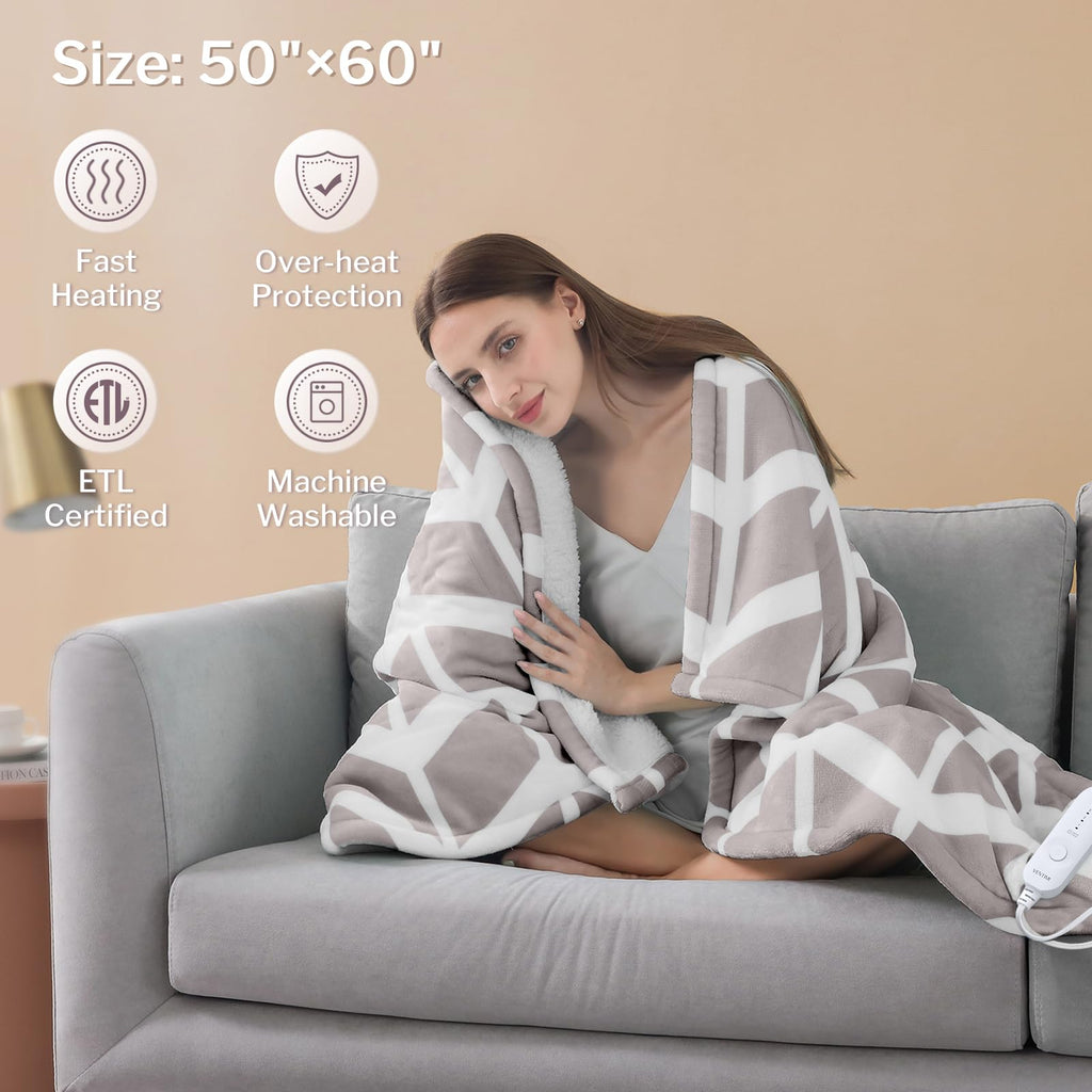 Heated Throw Blanket, 5 Heat Levels & 3 Hours Auto Off, Beige
