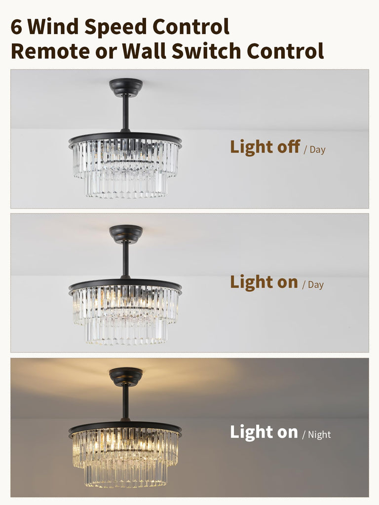 20" Black Crystal Fandelier Ceiling Fans with Lights, Farmhouse Rustic Caged Crystal Chandelier Ceiling Fan with Light