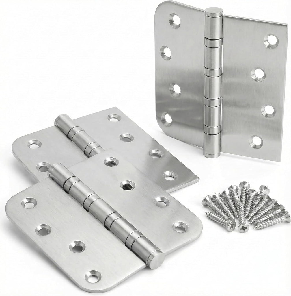 3 Pack Ball Bearing Door Hinges, 4x4 Inch Heavy Duty Stainless Steel Hinges, Brushed Nickel, 5/8" Radius Corner