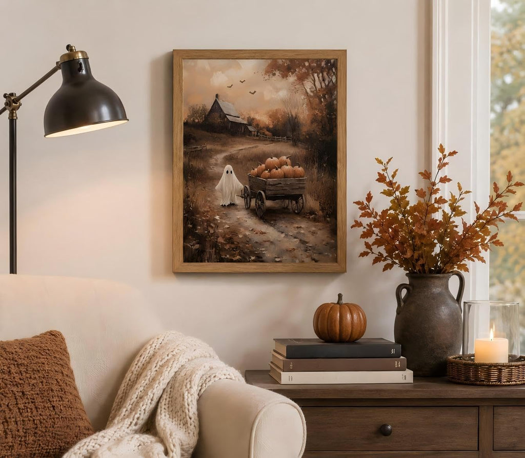 Framed Ghost Pumpkin Wall Art Vintage Halloween Canvas Print Rustic Farmhouse Autumn Cottagecore Spooky Countryside