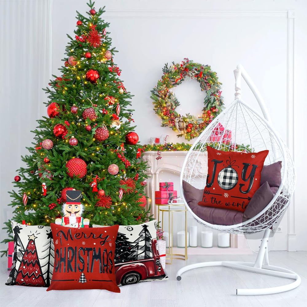 Christmas Pillow Covers 18x18 Inch Red Pillow Covers Xmas Decorations Buffalo Tree Truck Merry Christmas Pillows - Set of 4