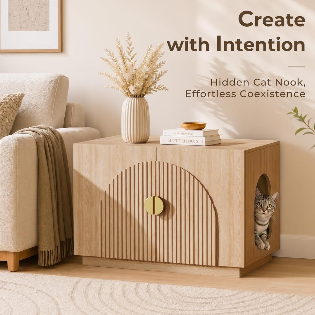Cat Litter Box Enclosure Furniture, 31.5" Arched Fluted Cabinet