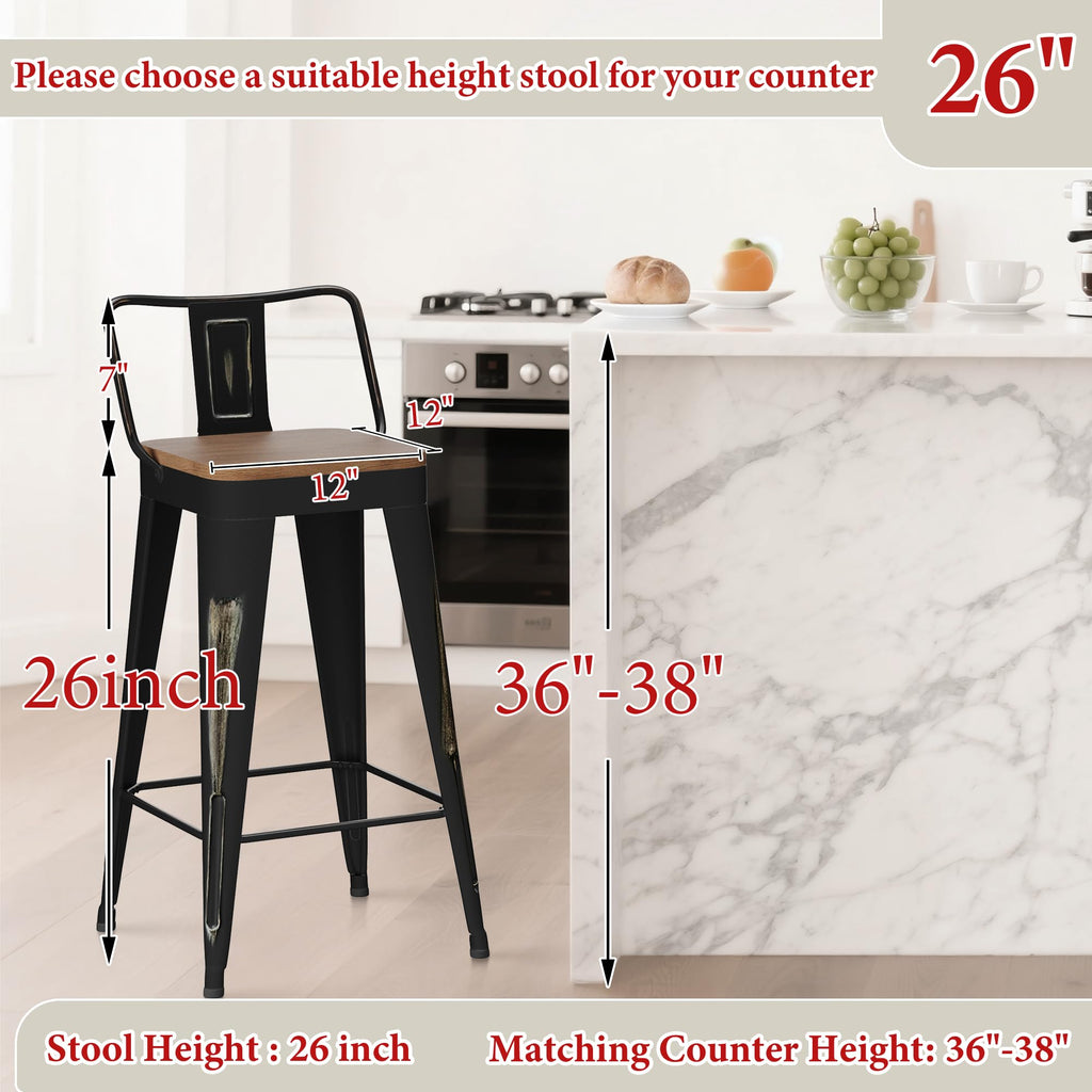 Bar Stools Set of 4, 26" Distressed Barstools, Gold Black