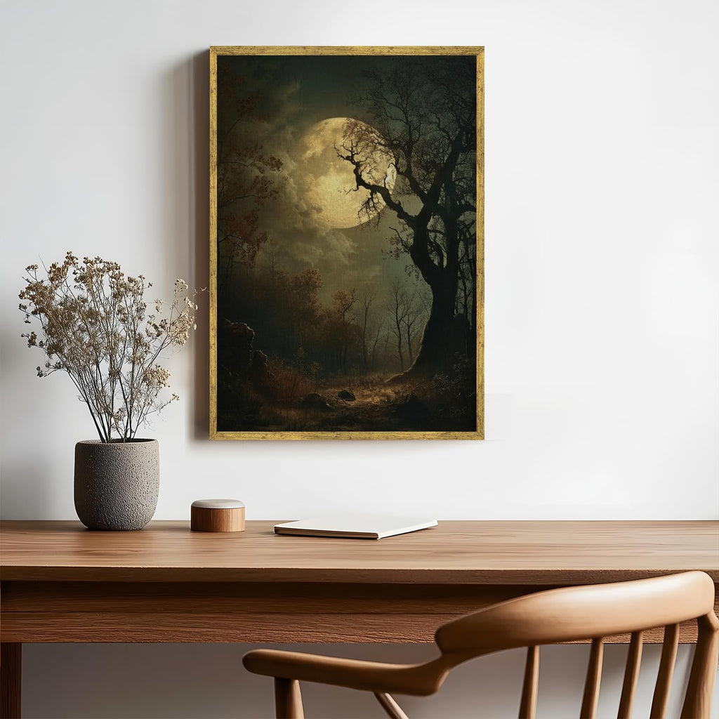 Moody Forest with Full Moon Wall Art Vintage Gothic Moonlight Poster Dark Aesthetic Decor Nature Canvas Print