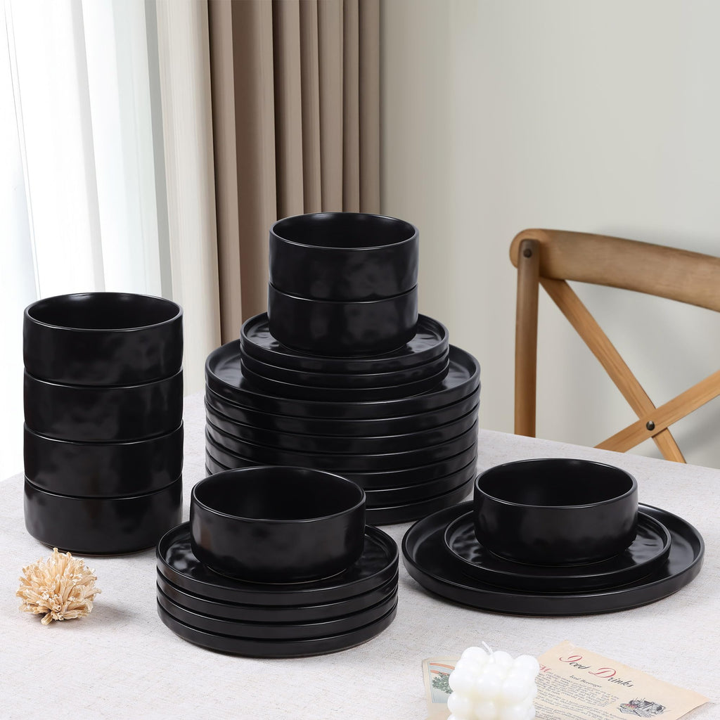 24 Pieces Stoneware Dinnerware Set for 8, Obsidian Matte Black