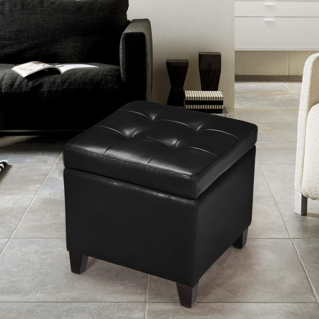 Storage Ottoman Foot Rest Stool, Leather Ottoman Footstool with Wood Legs and Hinged Lid, 18" Small Foot Stool Bench