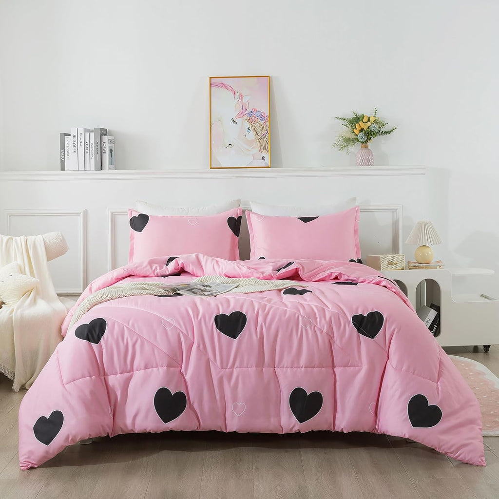 Girls Pink Comforter Set Twin - Blush Pink Cute Love Heart Print Comforter Bedding Set for All Seasons, Geometric