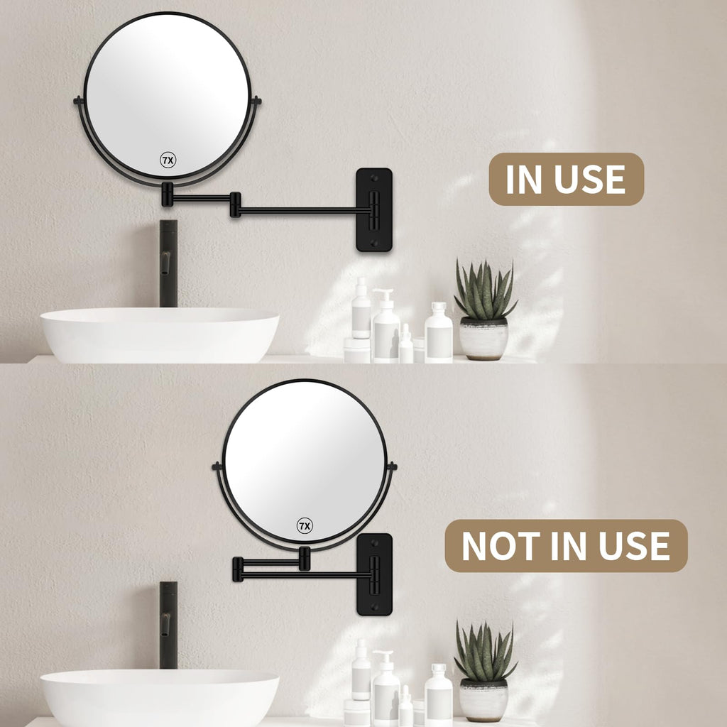 8" Wall Mounted Magnifying Makeup Mirror 1X/7X Wall Mount Mirror Swing Arm Two-Sided 360° Swivel Bathroom Shaving