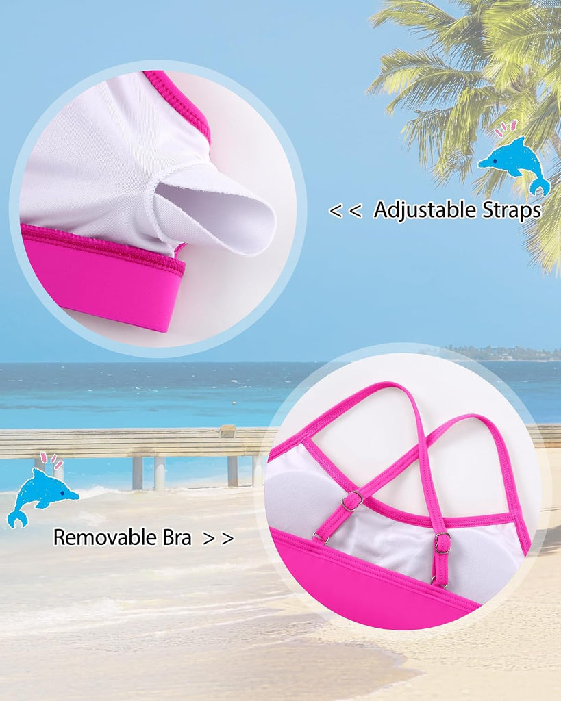 Girls Rash Guard Swimsuit 3 Piece Long Sleeve Bathing Suit Tankini with Skirt