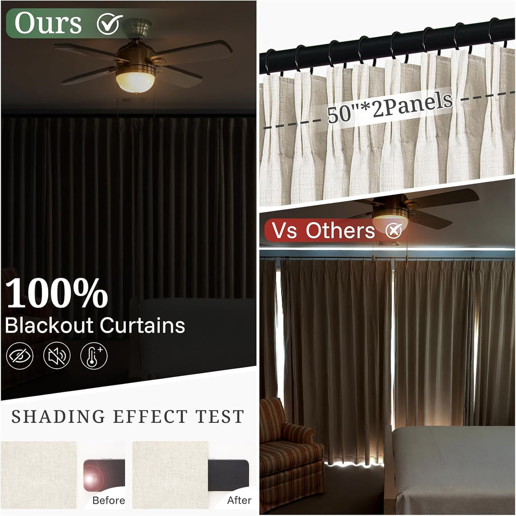 102 Inch Long Curtains Blackout Pinch Pleat Linen Drapes for Living/Bedroom 2 Panels,Two Layers Noise Reducing