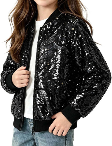 Kids Glitter Sequin Zip Up Bomber Jacket for Boy Girl Y2K Sparkly Back to School Party Coat Stage Performance Jackets