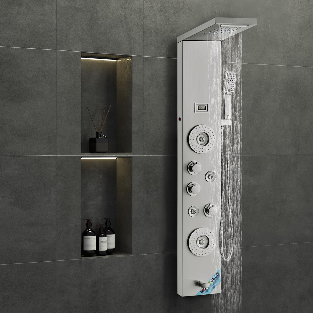 Shower Panel Tower System, 6 Shower Modes, LED & Display Shower Panel, Rainfall, Waterfall, 4 Body Massage Jets, Tub