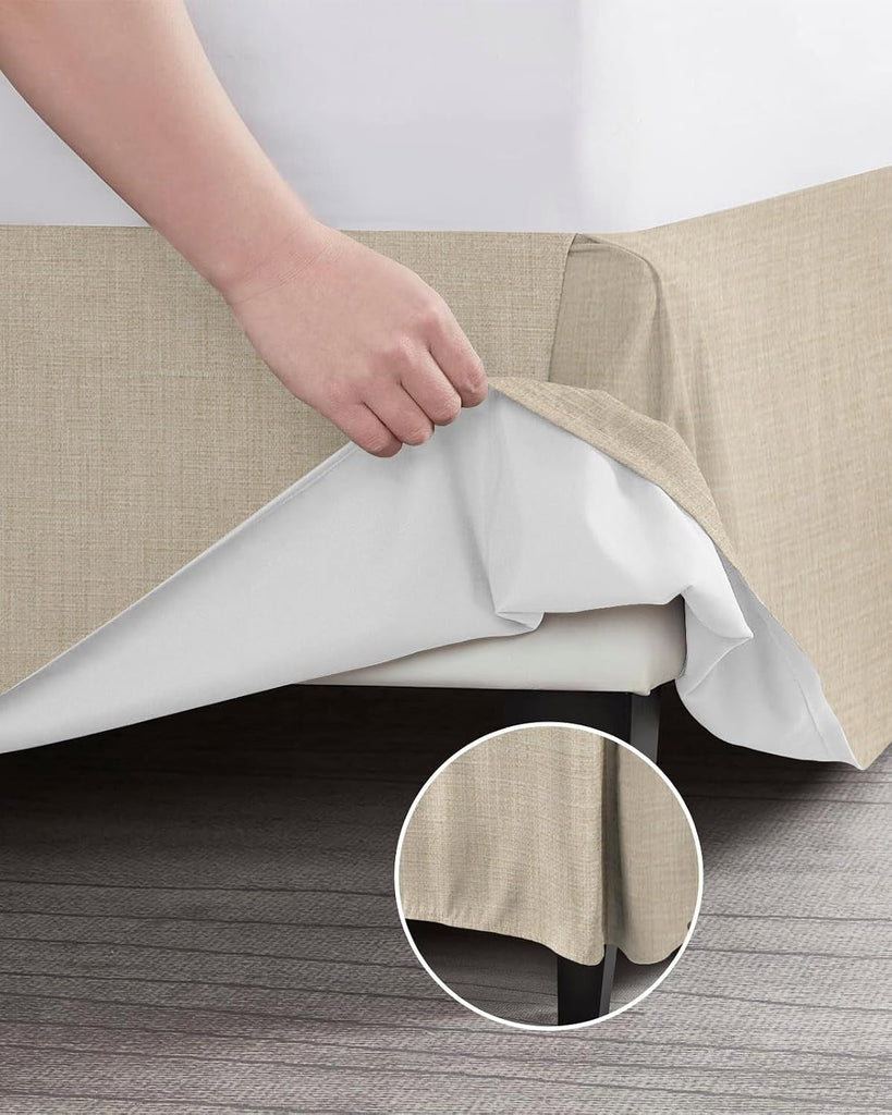 Bed Skirts King Size 16 Inch Tailored Drop Beige Linen Texture Wrap Around Bed Skirt with Split Corners Hotel Quality