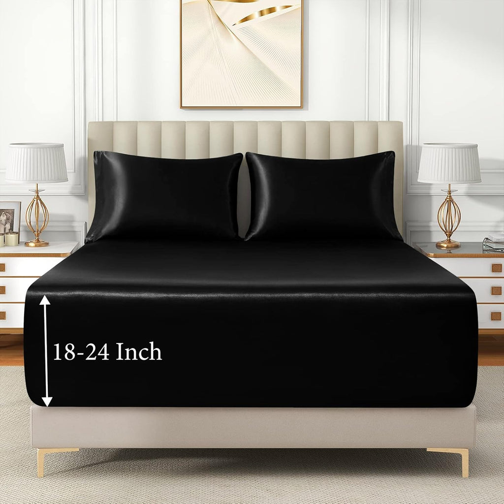 3pcs Extra Deep Pocket Satin Fitted Sheet Set King Bed Set, Black Bottom Sheet Fit 18-24 Inch Deep Pocket Mattress