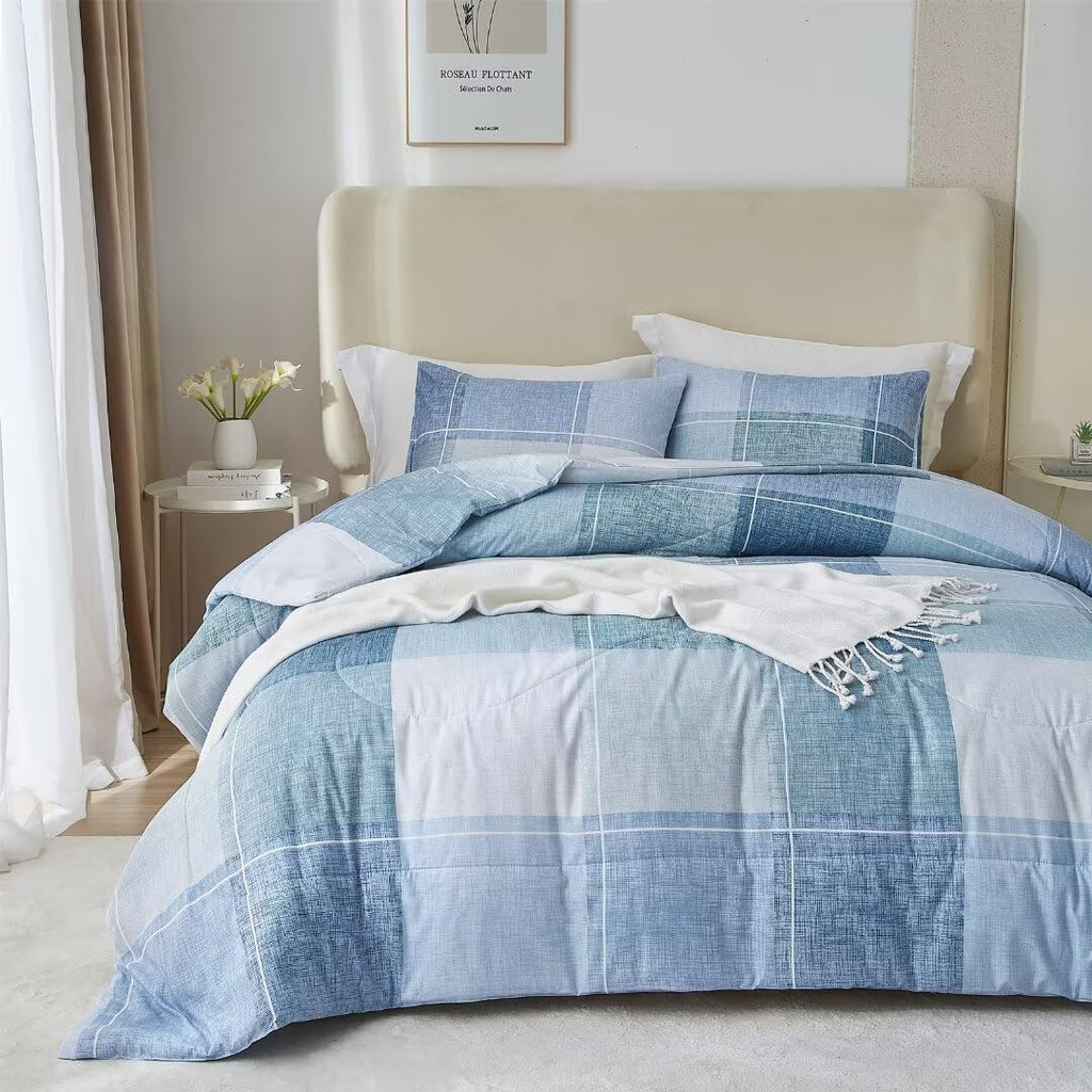Plaid Comforter Set Farmhouse Comforter Bedding, Blue and White Comforter Grid Buffalo Reversible