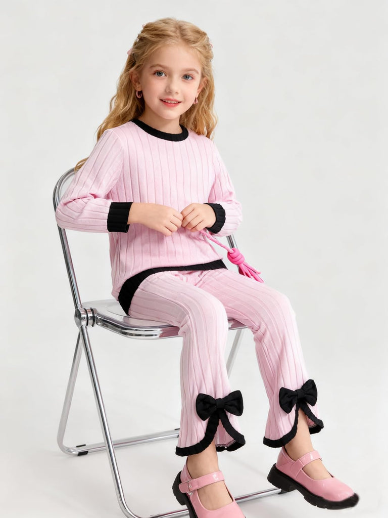 Toddler Girls Clothes Ribbed Color Block Pullover Tops + Flare Pants Set Fall Outfits