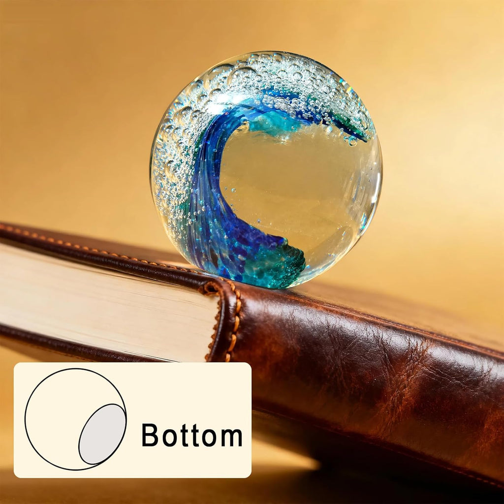 Hand Blown Ocean Wave Glass Paperweight - Blue Sea Glass Art for Beach Home Decor, Unique Gift for Ocean Lovers