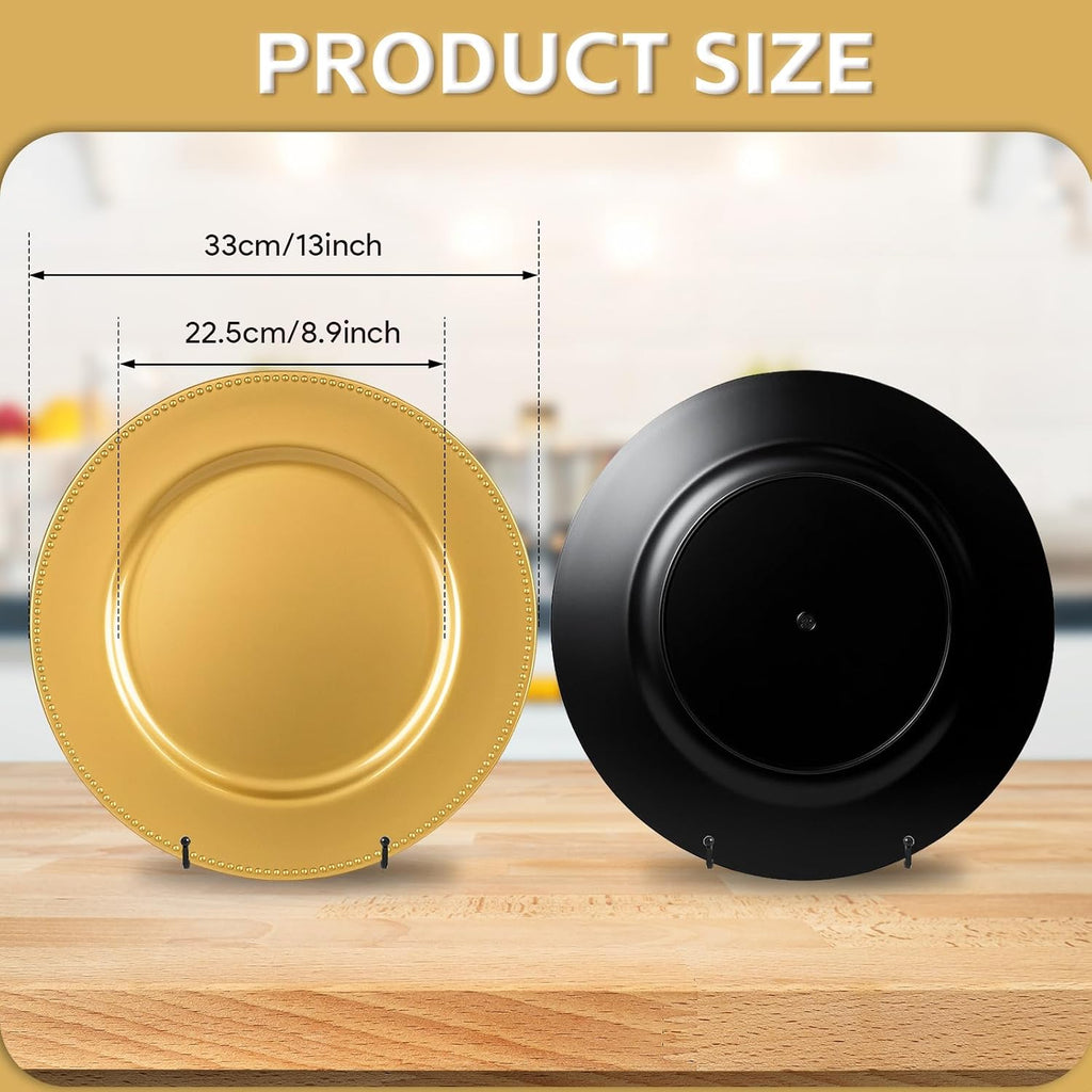 Gold Charger Plates, 13 Inch Plastic Round Gold Chargers for Dinner Plates with Beaded Rim, Reusable Plastic - Set of 50