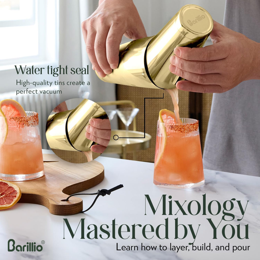 Gold Boston Shaker Set - Stainless-Steel, Weighted Martini Cocktail Shaker Set w/Strainer & Drink Mixer - Mixology - Set of 9