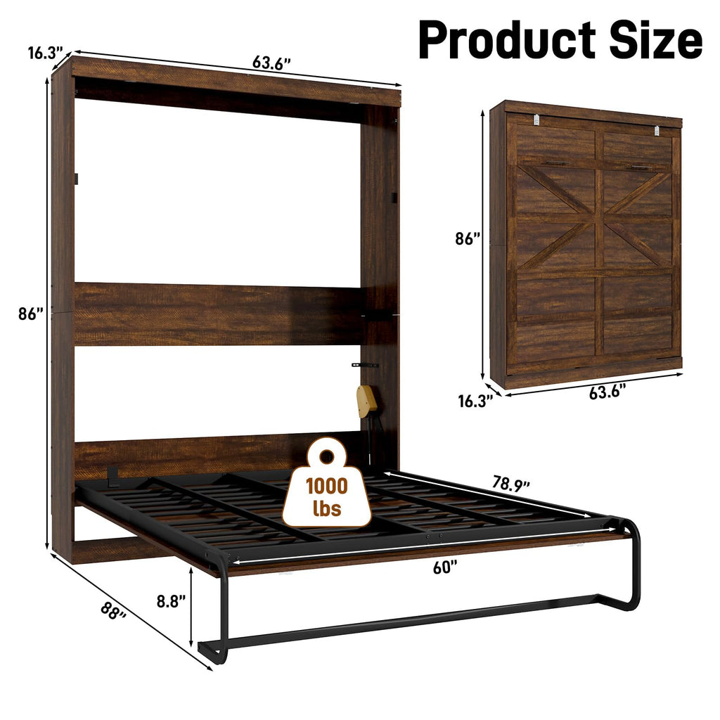 Queen Size Murphy Bed with 2 LED Lights, Farmhouse Wood Hidden Foldable Wall Bed Frame w/Gas Struts, Storage Bed