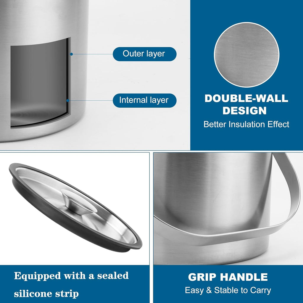Ice Bucket, 4L Double Wall Insulated Ice Bucket with Lid,Scoop,Tongs- Inner Layer 304 Stainless Steel Ice Container