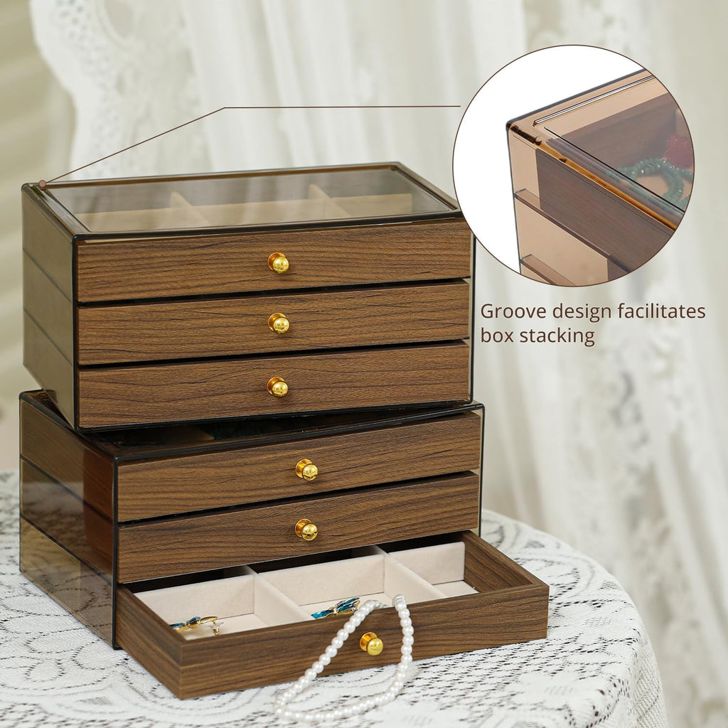 3 Layer Wooden Drawers Jewelry Box Vintage Style Jewelry Organizer with Acrylic Cover, Jewelry Storage Display Box
