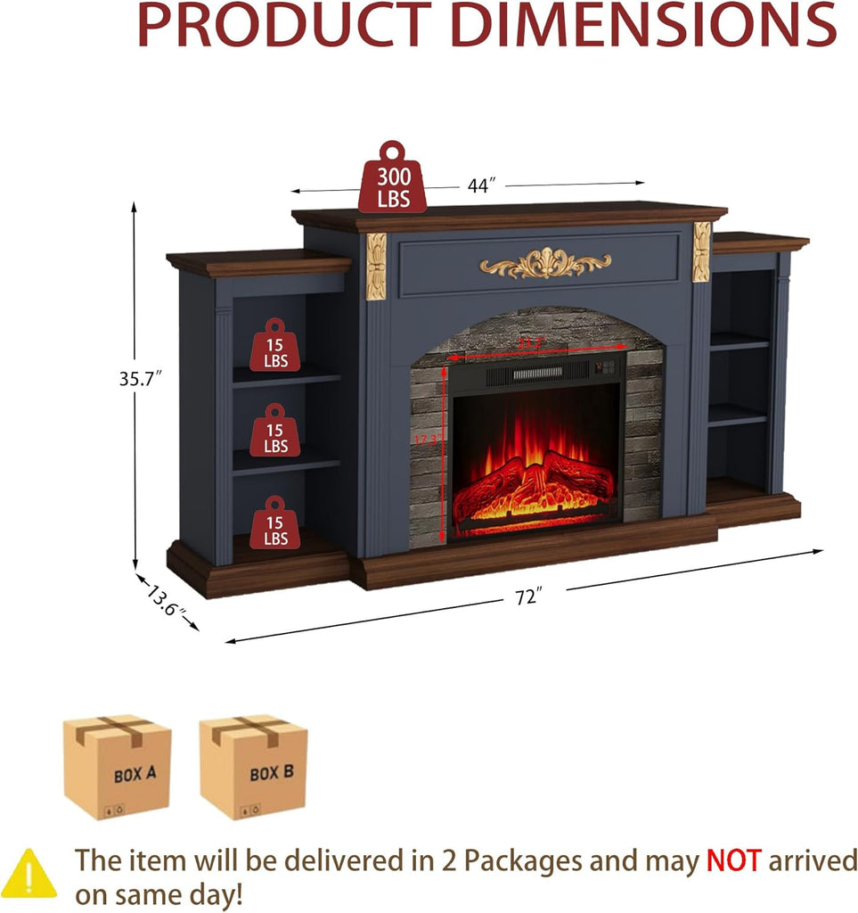 72 Inch Vintage-Style Fireplace TV Stand for TVs up to 80 Inches, Mantel with Gold Carved Accents, 23 Inch Electric Fireplace Insert with Remote Control