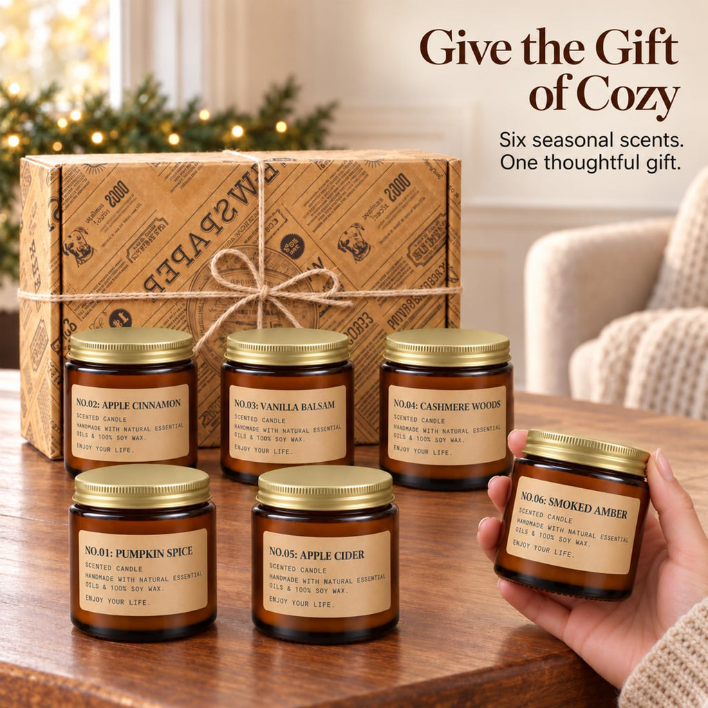 Fall & Winter Scented Candles Gift Set, 6 x 3.5 oz, Apple, Pumpkin & Balsam