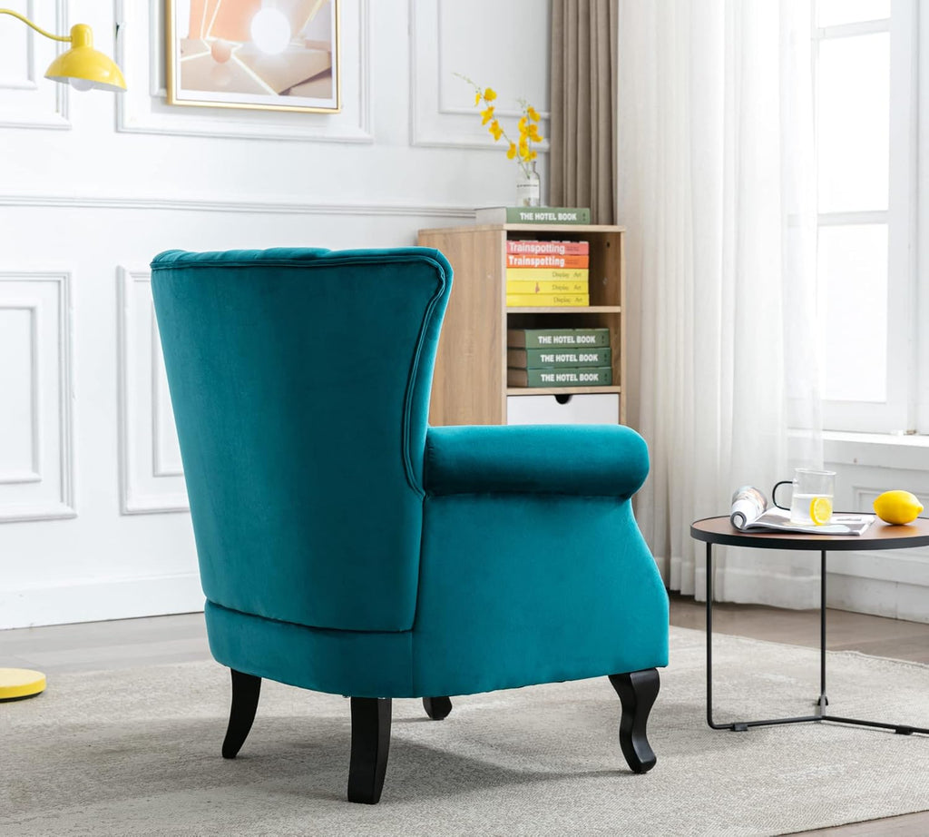 Mid Century Modern Accent Chair Upholstered Armchair Comfy Velvet Fabric Single Sofa with Lined Wingback for Small