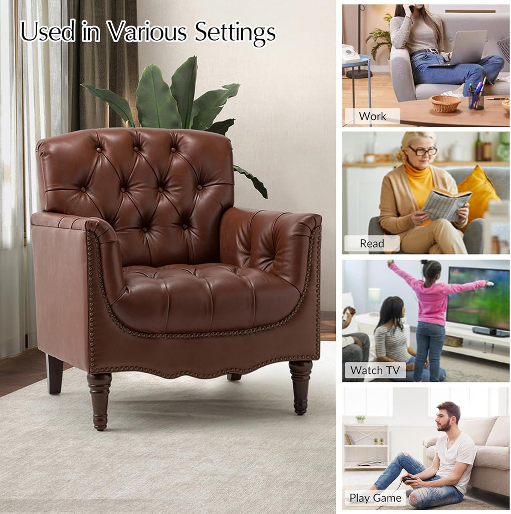 Mid Century Modern Genuine Leather Accent Chair, Brown - Set of 2