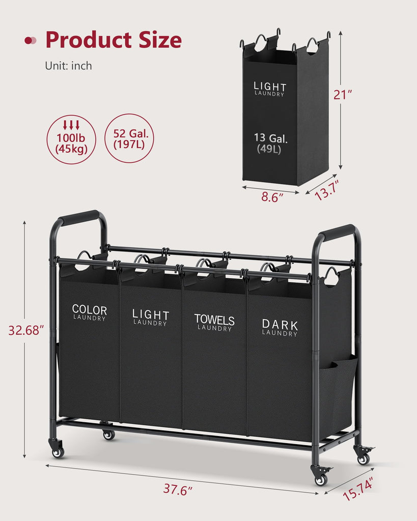 4 Bag Laundry Sorter Cart, Laundry Sorter 4 Sections, Black