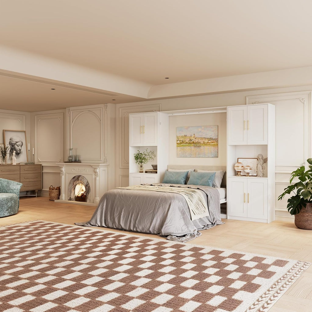 Farmhouse Murphy Bed Queen, 85" Wall Bed Folds to Save Space, Concealed Bed Frame with 2 Storage Cabinets and Wall