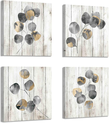 Leaf Artwork Botanical Canvas Print: Gray Leaves Painting Wall Art ( x 4 PCS,Multi-Sized)