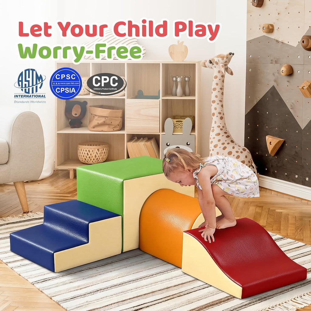 Toddler Climbing Foam Blocks: 4 PCS Indoor Play Gym with Slide and Stairs - Soft Playground Set for Kids - Includes