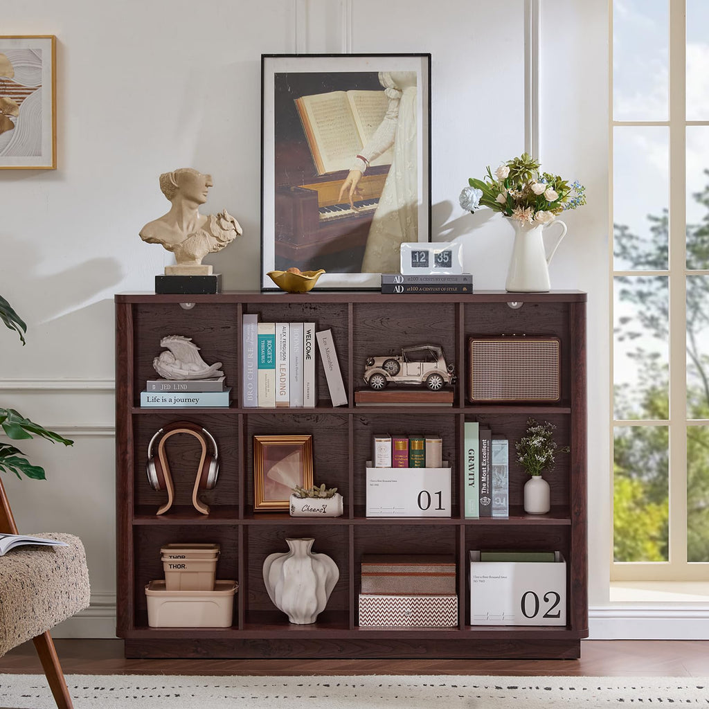 12 Cube Storage Organizer, 41" Large Bookshelf with Curved Edge, Wood Floor Standing 3-Tier Cubby Bookcase w/Base