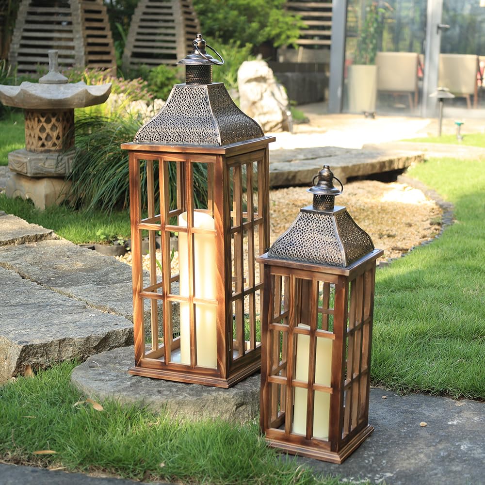 Large Farmhouse Wooden Metal Lantern Set of 3, 27''/22''/15'' H Rustic Decorative Indoor & Outdoor Hanging Candle