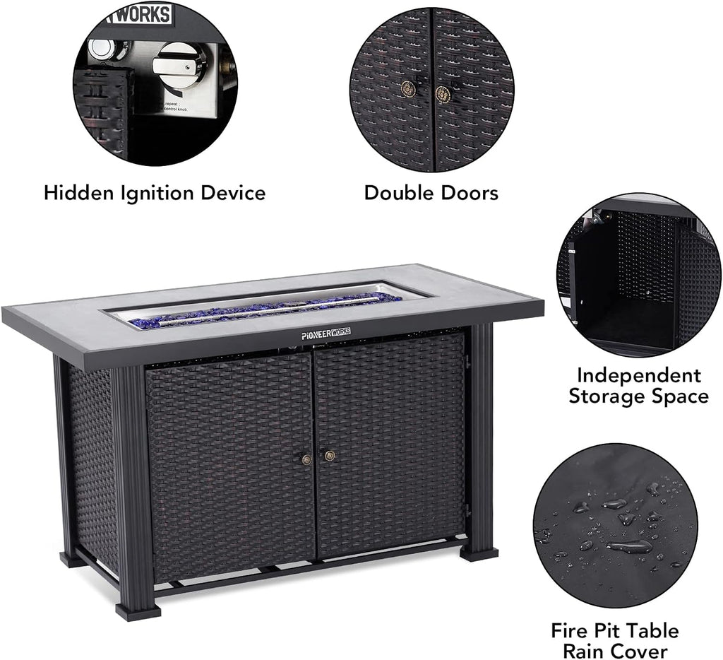 44 in Propane Fire Pit Table (Double Door), 50000BTU Rectangle Fire Table with Cover & Rain Cover, Sturdy Steel and