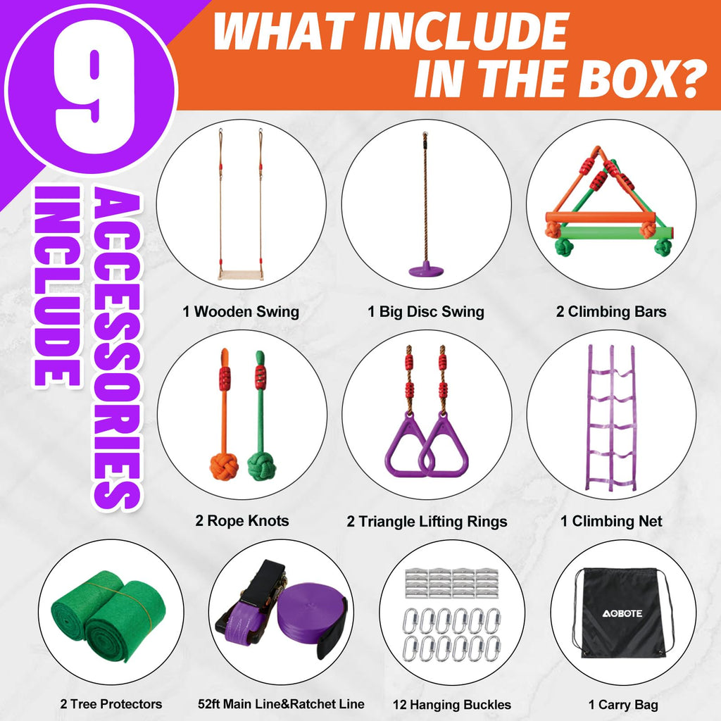Warrior Obstacle Course for Kids-Slackline 52ft with 9 Accessries