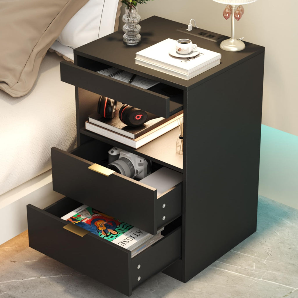 Night Stand, LED Nightstand with Charging Station, Black