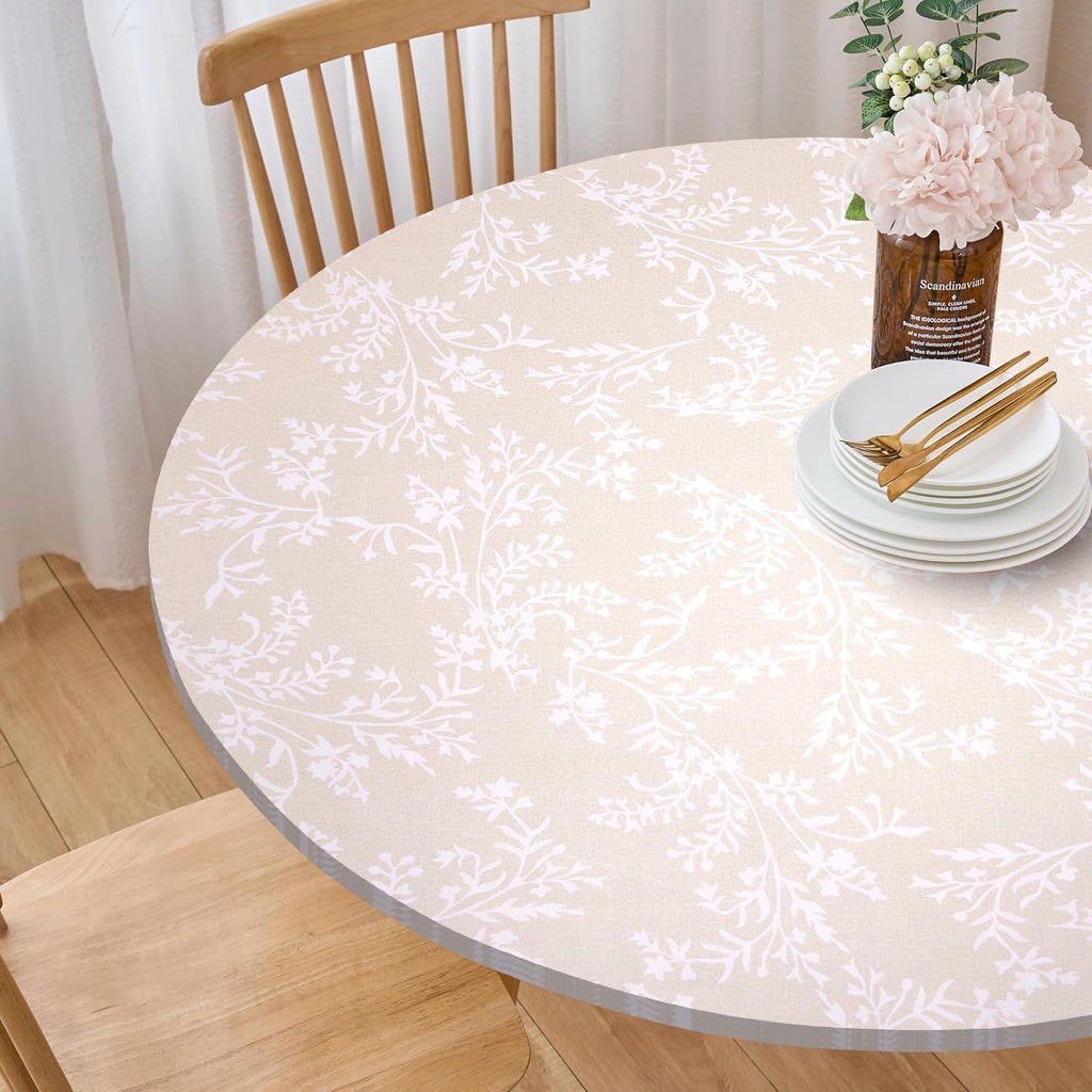 Round Vinyl Fitted Tablecloth with Flannel Backing Elastic Edge Plastic Table Cover - Warm Brich - Waterproof