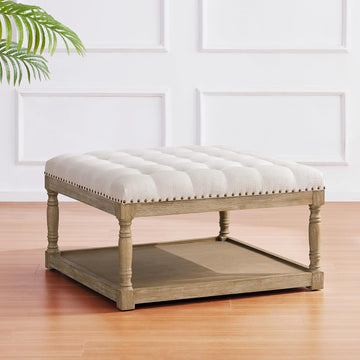 33-inch Square Ottoman Coffee Table, Large Storage Ottoman (Beige) | Tufted Upholstered Linen Ottoman , Farmhouse