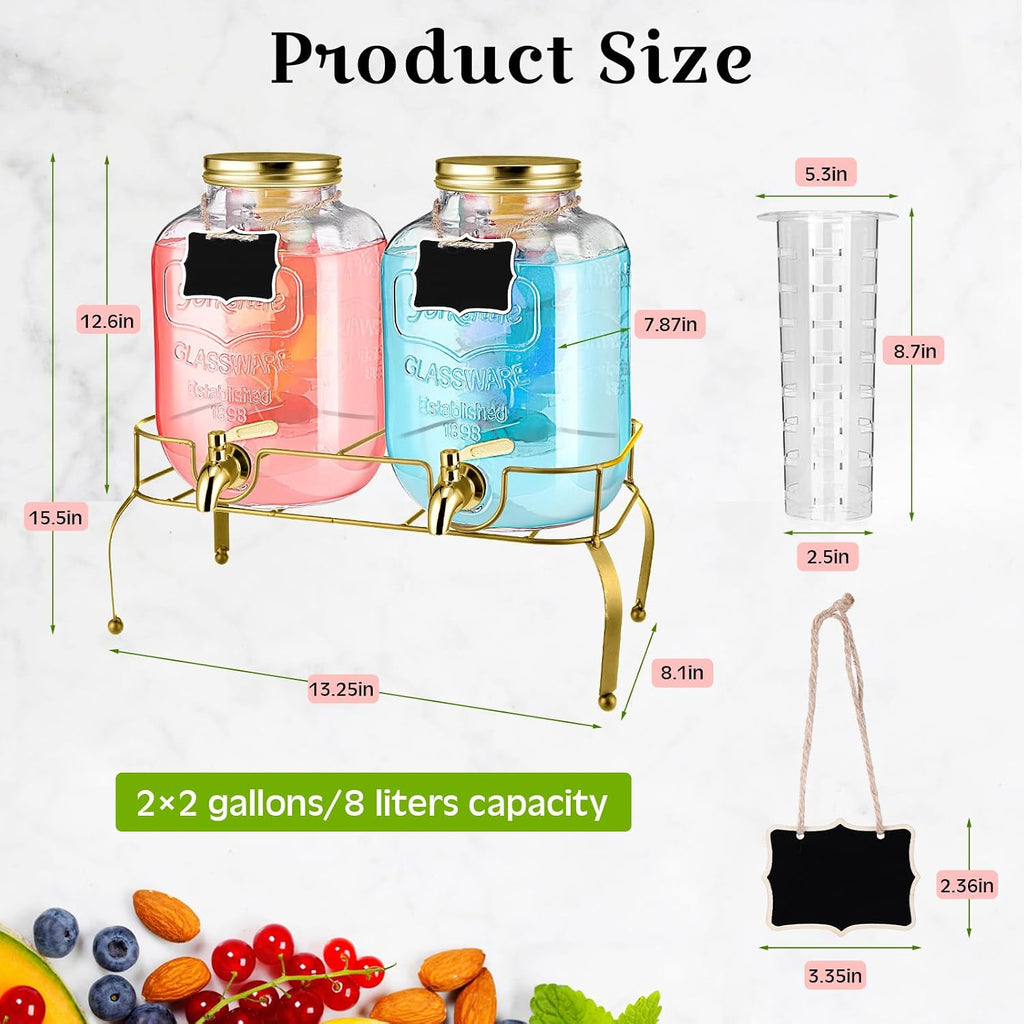 Gallon Glass Drink Dispenser with Stand Ice Cylinder Hanging Chalkboard Signs 18/8 Stainless Steel Spigot - Set of 2