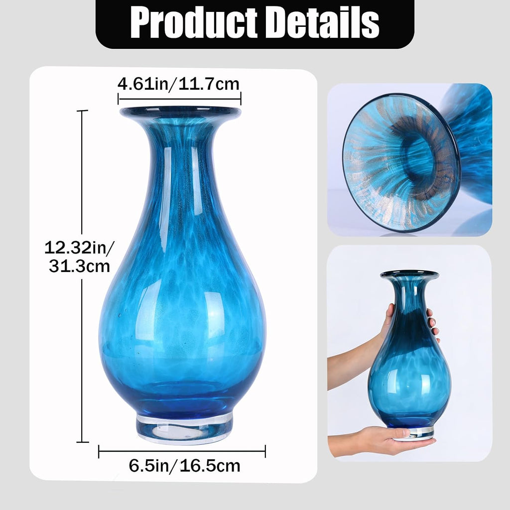 Blue Glass Vase, Hand Blown Wide Mouth Art Glass Vase, Murano Style Decorative Flower Vase Decor, Mantel, Dining