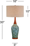 Rocco Mid Century Modern Table Lamp 30" Tall Ceramic Blue Teal Glaze Wood Handmade Linen Drum Shade Cottage Core Decor