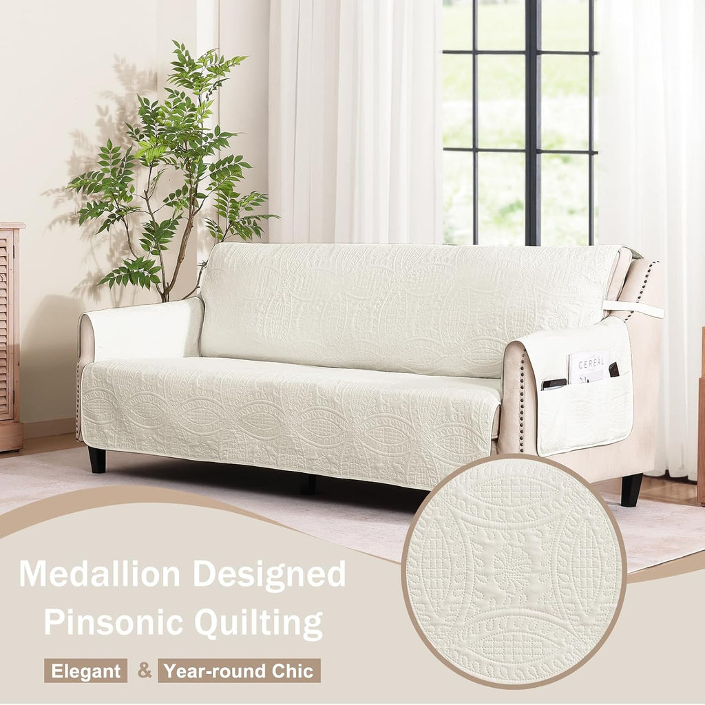 Soft Quilted Couch Cover with Pockets for Extra-Large Sofa, Anti-Slip Sofa Covers Washable for 3 Cushion Pet Friendly