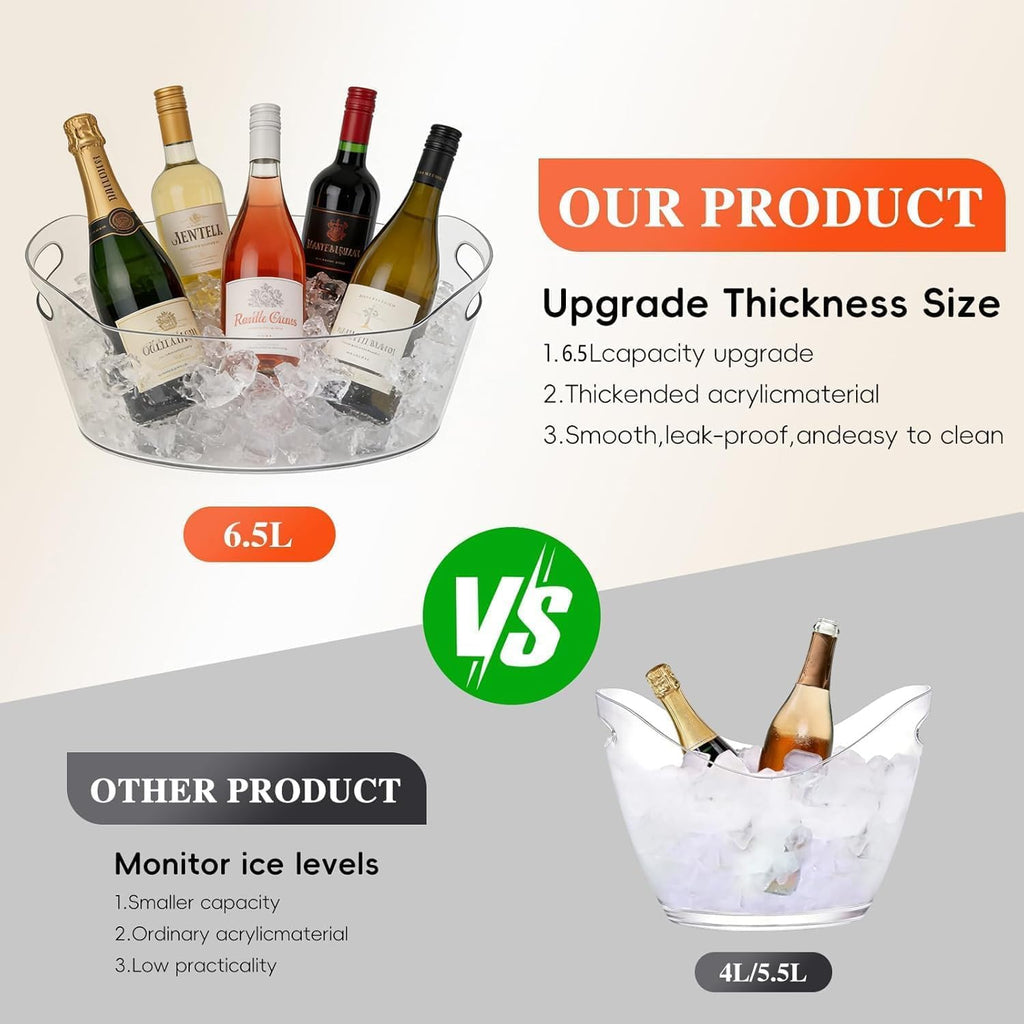 6.5L Ice Bucket for Parties, Large Clear Drink Bucket for Champagne Wine, Beer, Portable Drinking Cooler with 2 - Set of 2