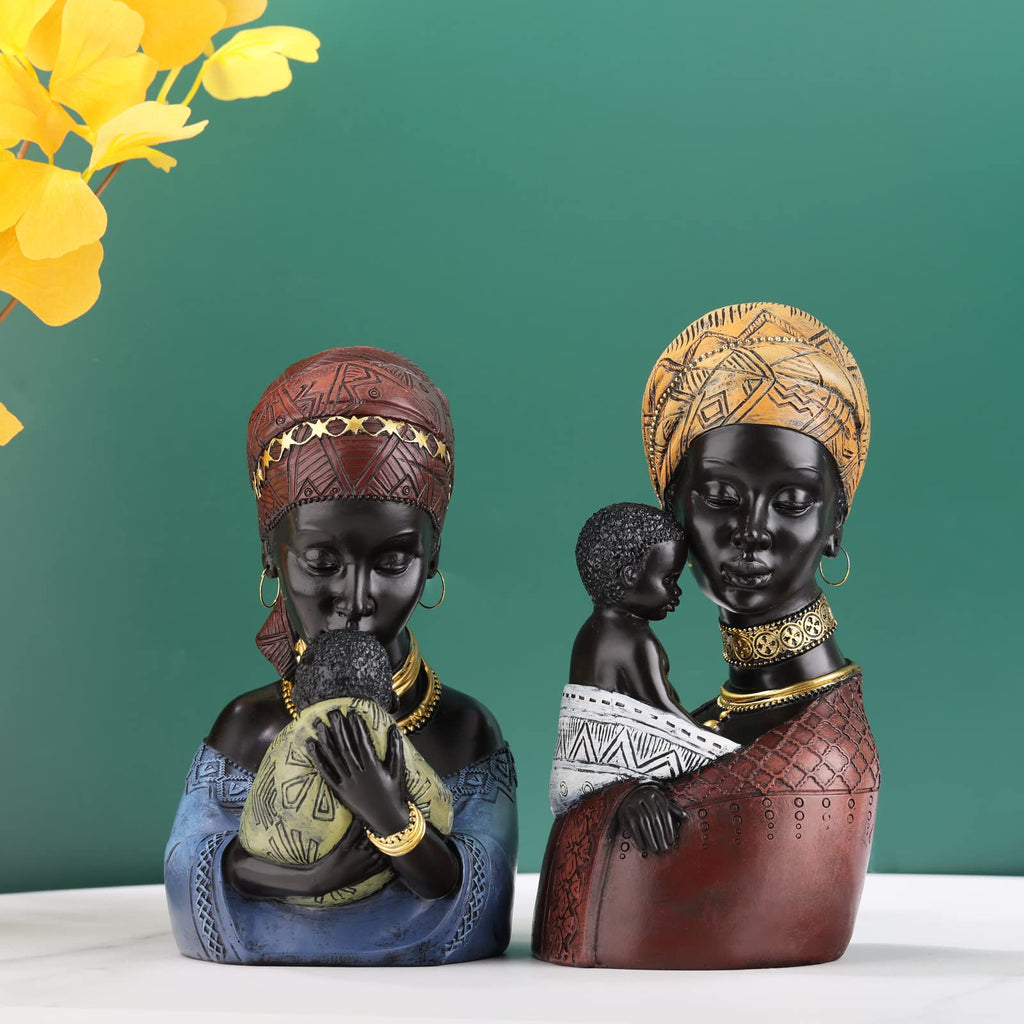 African Art Mother and Child Figurine - Black Woman Bust Statue Decor - Resin Sculpture Accent, Desktop